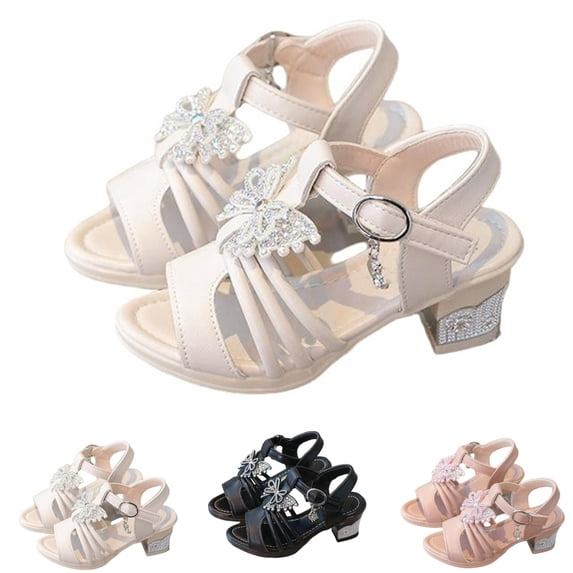 SGFCWSX Girls Dress Sandals Kids Rhinestone Bow Ankle Strap Low Heel Open Toe Wedding Party Shoes Beige Size 1 Big Kids