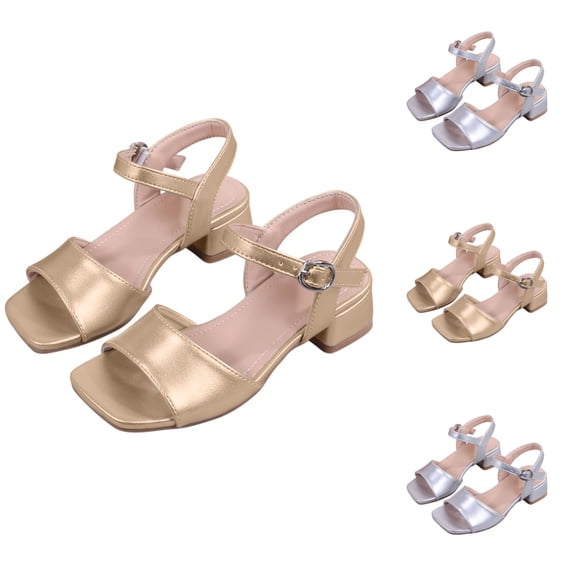SGFCWSX Girls Dress Sandals Square Open Toe Ankle Buckle Low Block Heel Summer Sandals for Wedding Party Use Gold Size 12 Little Kids