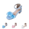 thumbnail image 1 of SGFCWSX Girls Dress Sandals Square Toe Flower Accent Pearl Ankle Strap Low Block Heel Princess Sandals for Pageant Party Use Blue Size 1 Big Kids, 1 of 10