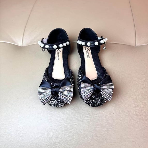 SGFCWSX Girls Dress Shoes Kids Glitter Rhinestone Bow Pearl Ankle Strap Wedding Party Flower Girl Flats Black Size 6 Years