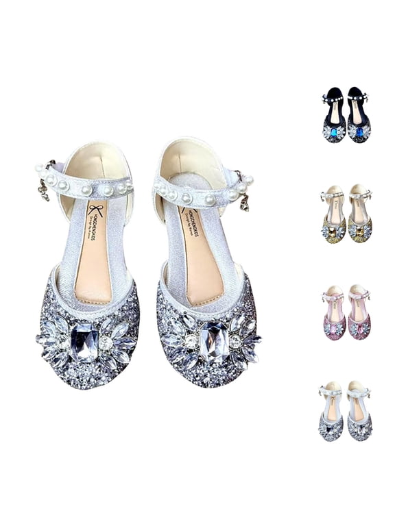 Girls Dress Shoes Kids Glitter Rhinestone Gem Pearl Ankle Strap Wedding Party Flower Girl Flats Silver Size 6 Years