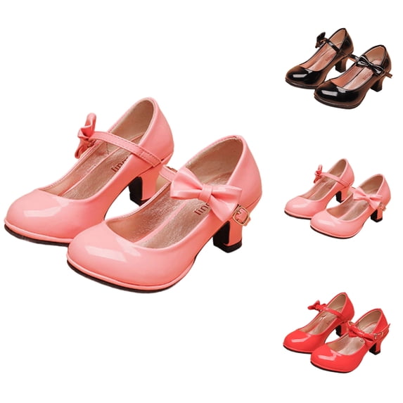 SGFCWSX Girls Dress Shoes Kids Patent Leather Bow Ankle Strap Low Heel Wedding Party Flower Girl Shoes Pink Size 13.5 Little Kids