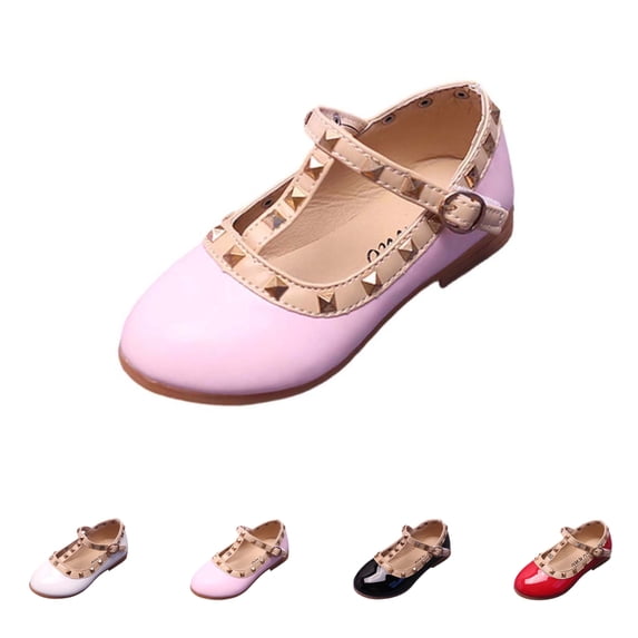 SGFCWSX Girls Dress Shoes Kids Patent Leather Studs T-Strap Casual Party Shoes Pink Size 3 Big Kids