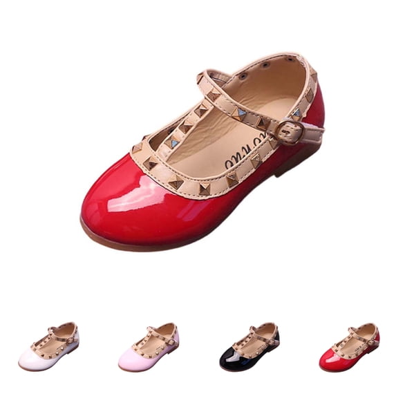 SGFCWSX Girls Dress Shoes Kids Patent Leather Studs T-Strap Casual Party Shoes Red Size 8 Toddler