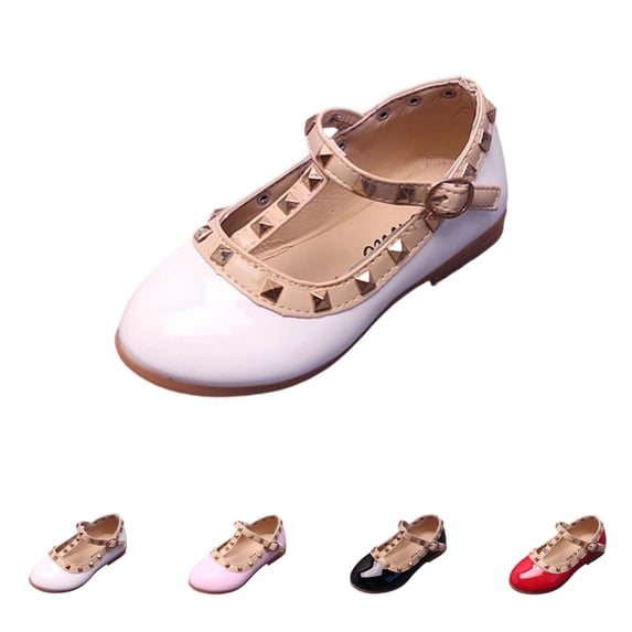 SGFCWSX Girls Dress Shoes Kids Patent Leather Studs T-Strap Casual Party Shoes White Size 11 Little Kids