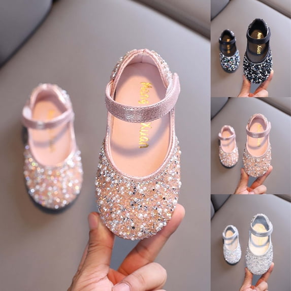 SGFCWSX Girls Dress Shoes Kids Sparkly Rhinestone Pearl Ankle Strap Wedding Party Flower Girl Shoes Pink Size 11 Little Kids
