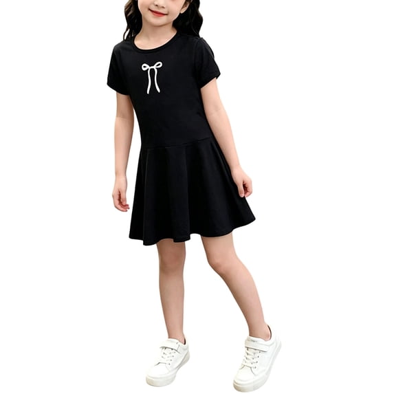 SGFCWSX Girls Dress Short Sleeve Bow Print Round Neck Solid Color Summer Casual A-Line Dresses for Kids Black Size 11