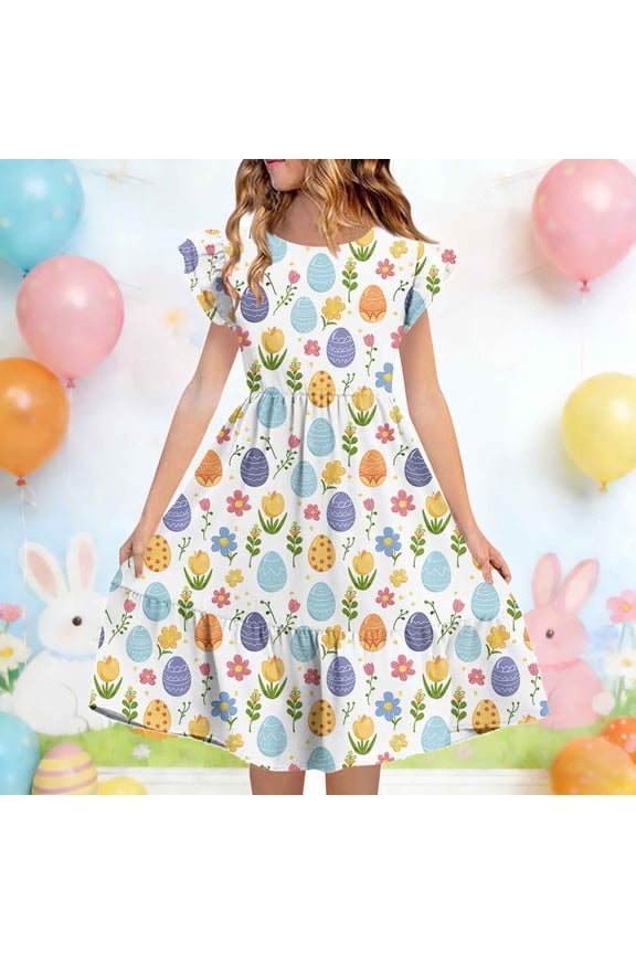 Girls Dresses Flutter Sleeve Bunny Print Tiered A-Line Summer Casual Swing Dress for Teens Multicolor Size 13