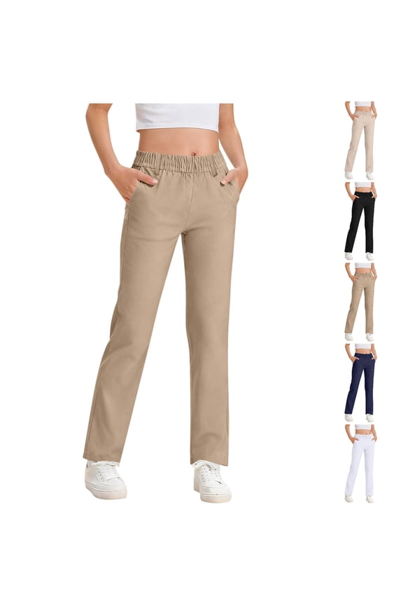 Girls Elastic Waist Straight Leg Pants, Kids Uniform Pants Casual Daily School Trousers Khaki Size 15-16 Years