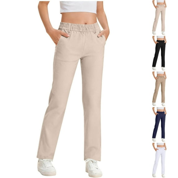 SGFCWSX Girls Elastic Waist Straight Leg Pants, Kids Uniform Pants Daily School Casual Trousers Beige Size 15-16 Years