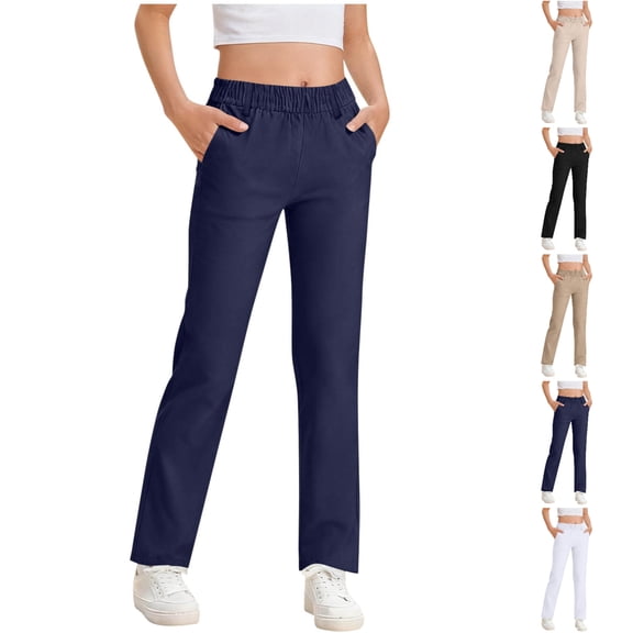 SGFCWSX Girls Elastic Waist Straight Leg Pants, Kids Uniform Pants School Daily Casual Trousers Navy Size 11-12 Years