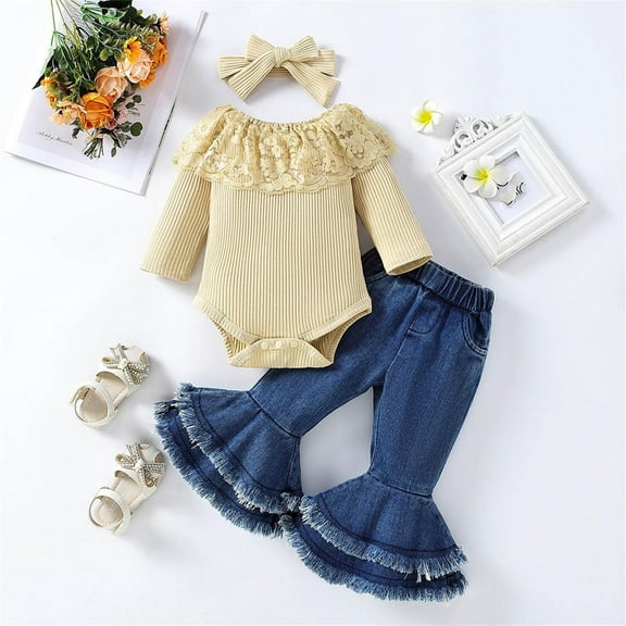 SGFCWSX Girls Fall Outfit Toddler 3 Piece Outfits Lace Off Shoulder Bodysuit, Fringe Flare Jeans and Headband Sets Khaki Size 12 Months