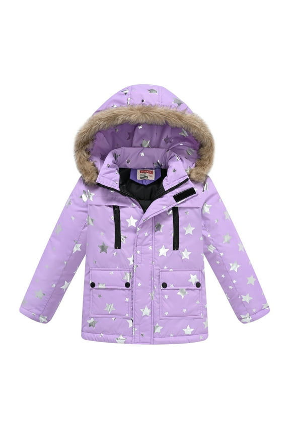 Girls Fashion Print Parka Jackets Kids Winter Fuzzy Hooded Warm Coat Purple Size 7-8 Years
