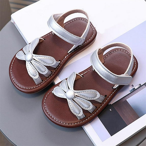 SGFCWSX Girls Fashion Sandals Kids Flower Ankle Strap Hook and Loop Casual Summer Shoes Silver Size 2 Years