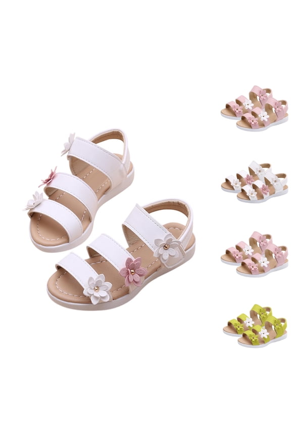 Girls Fashion Sandals Kids Flower Ankle Strap Hook and Loop Summer Shoes White Size 11 Little Kids
