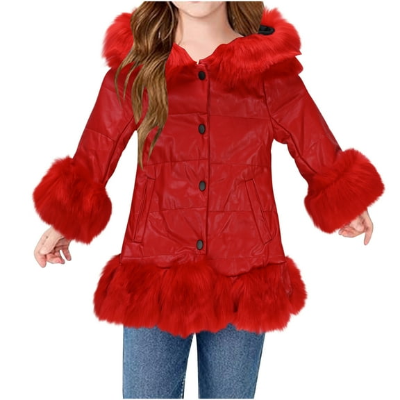 SGFCWSX Girls Faux Leather Winter Coat with Fuzzy Cuffs and Hem Kids Warm Hooded Jacket Red Size 4-5 Years