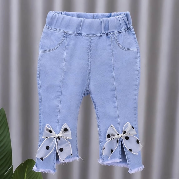 SGFCWSX Girls Flare Jeans, Kids Elastic Waist Denim Pants Bow Cute Bell Bottom Trousers with Pockets Light Blue Size 1-2 Years