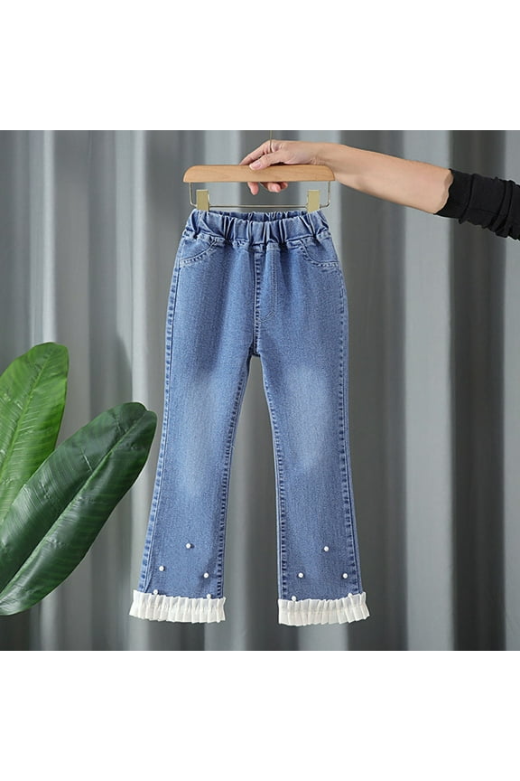 Girls Flare Jeans Slim for School Kids Jeggings Denim Pants Casual with Pockets Pant Blue Size 5 Years