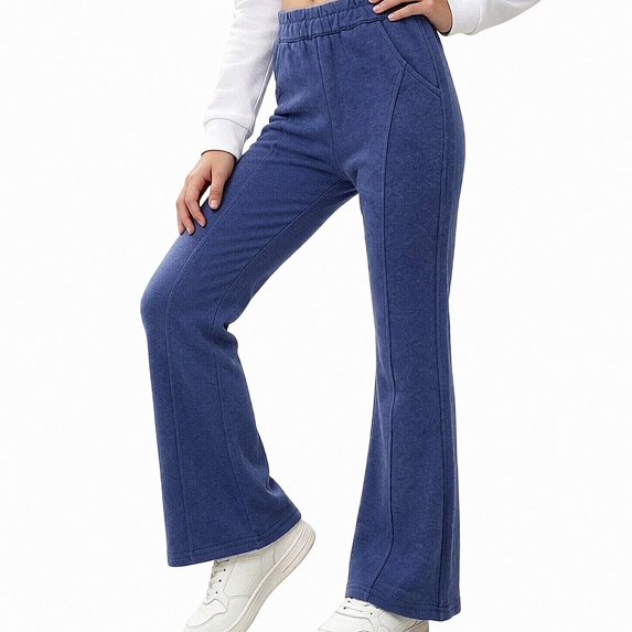 SGFCWSX Girls Flare Pants, Elastic Waist Stretch Casual Bootcut Trousers with Side Pockets for School Active Daily Wear Navy Size 9