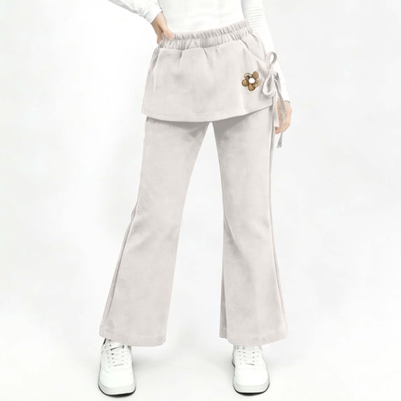 SGFCWSX Girls Flare Pants Skirted Overlay Elastic Waist Flower Casual Pants for Kids Beige Size 7-8 Years