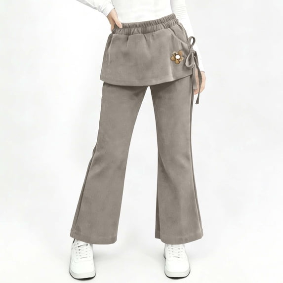 SGFCWSX Girls Flare Pants Skirted Overlay Elastic Waist Flower Casual Pants for Kids Khaki Size 0-1 Years