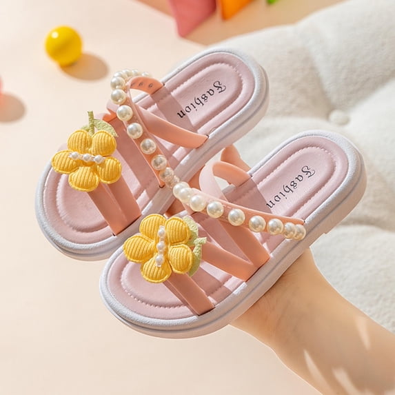 SGFCWSX Girls Flat Sandals Flower Decor Pearl Ankle Strap Open Toe Soft Sole Casual Beach Sandals for Kids Party and Daily Wear Pink Size 7.5 Years