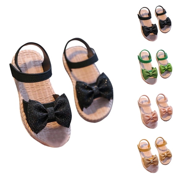 SGFCWSX Girls Flat Sandals Glitter Bow Decor Open Toe Adjustable Ankle Strap Soft Sole Summer Beach Casual Sandals for Party Use Black Size 3.5 Years