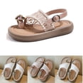 thumbnail image 1 of SGFCWSX Girls Flat Sandals Pearl Accent Heart Rhinestone Toe Loop Ankle Strap Open Toe Summer Sandals for Party Beach Wear Pink Size 1 Big Kids, 1 of 7