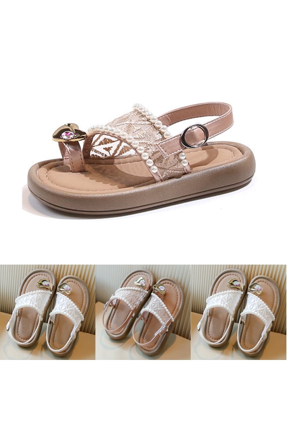 Girls Flat Sandals Pearl Accent Heart Rhinestone Toe Loop Ankle Strap Open Toe Summer Sandals for Party Beach Wear Pink Size 1 Big Kids