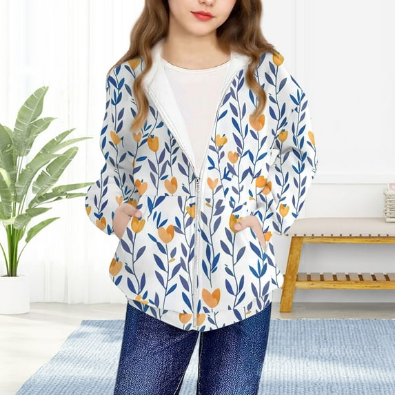 SGFCWSX Girls Fleece Hoodie Kids Cozy Zip Up Sweatshirts Printed Winter Sweatshirt Jacket Orange Size 5 Years