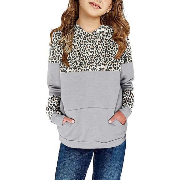 SGFCWSX Girls Fleece Hoodie with Pockets Oversized Sweatshirt Kids Leopard Print Pullover Top Gray Size 13 Years