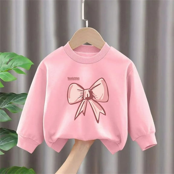 SGFCWSX Girls Fleece Sweatshirt Crew Neck Bow Print Pullover Top Kids Long Sleeve Casual Fall Sweatshirts Pink Size 7 Years