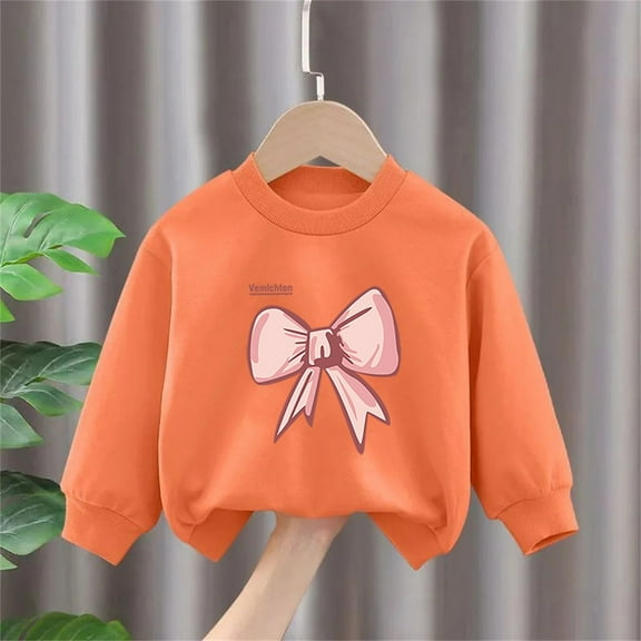 SGFCWSX Girls Fleece Sweatshirt Crew Neck Bow Print Pullover Top Kids Long Sleeve Fall Casual Sweatshirts Orange Size 7 Years