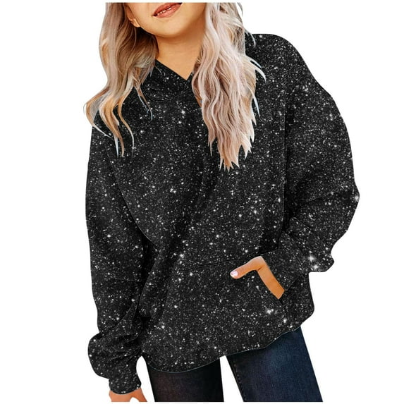 SGFCWSX Girls Fleece Sweatshirt Solid Color Casual Hoodie for Kids with Pockets Pullover Top Black Size 5-6T