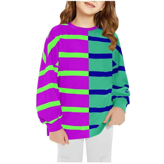 SGFCWSX Girls Fleece Sweatshirt Striped Color Block Pullover Top Kids Oversized Sweatshirts Purple Size 5 Years