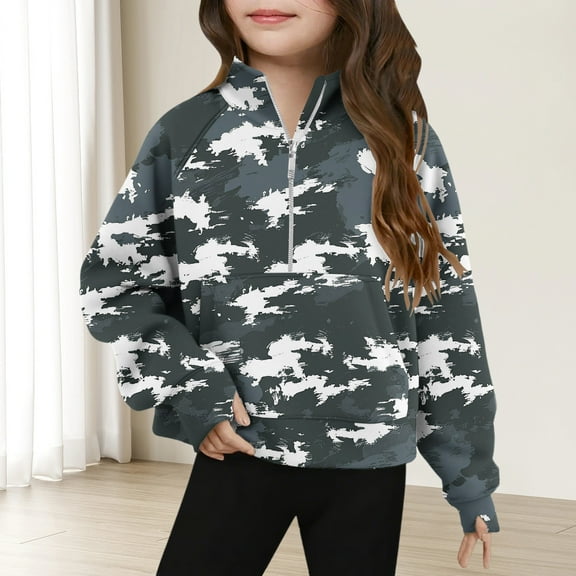 SGFCWSX Girls Fleece Sweatshirt Thermal Zipper Sweatshirts Kids Camouflage Print Pullover Dark Gray Size 7 Years