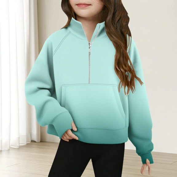 SGFCWSX Girls Fleece Sweatshirt Thermal Zipper Sweatshirts Kids Gradient Pullover Mint Green Size 9 Years