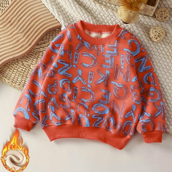 SGFCWSX Girls Fleece Sweatshirt Winter Long Sleeve Pullover Top Kids Crew Neck Fashion Print Sweatshirts Orange Size 5-6T