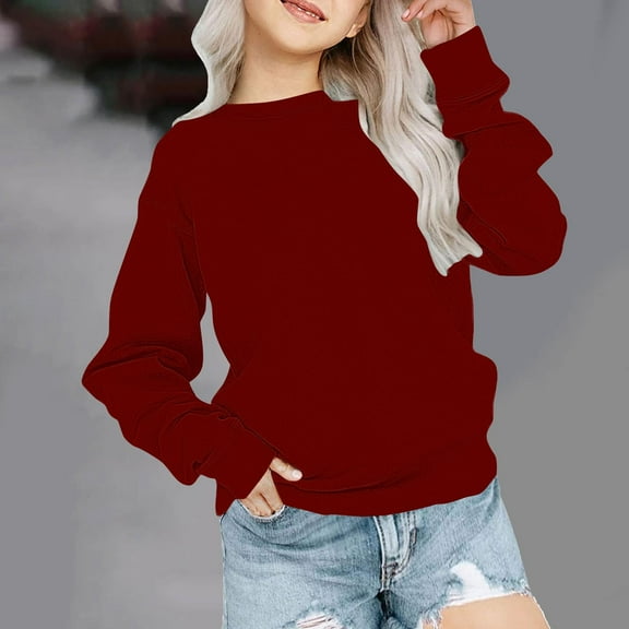 SGFCWSX Girls Fleece Sweatshirt Winter Oversized Pullover Top Toddler Crew Neck Solid Color Sweatshirts Wine Size 1 Years