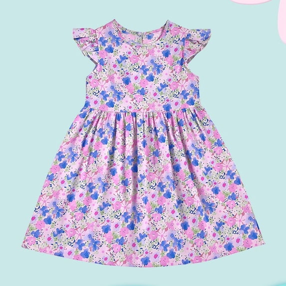 SGFCWSX Girls Floral Dress Flutter Sleeve Round Neck Summer Casual A-Line Dresses for Kids Purple Size 9