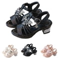 thumbnail image 1 of SGFCWSX Girls Flower Girl Sandals Kids Rhinestone Bow Ankle Strap Low Heel Open Toe Wedding Party Shoes Black Size 2 Big Kids, 1 of 8