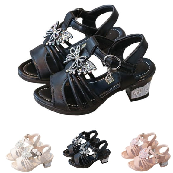 SGFCWSX Girls Flower Girl Sandals Kids Rhinestone Bow Ankle Strap Low Heel Open Toe Wedding Party Shoes Black Size 2 Big Kids