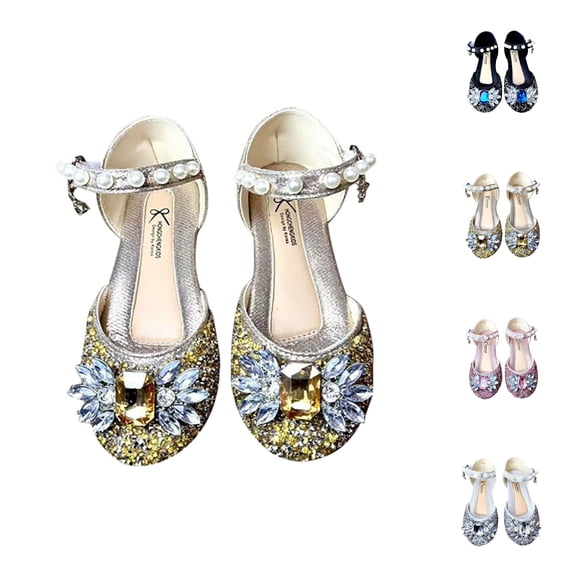 SGFCWSX Girls Flower Girl Shoes Kids Glitter Rhinestone Gem Pearl Ankle Strap Wedding Party Ballet Flats Gold Size 13 Years