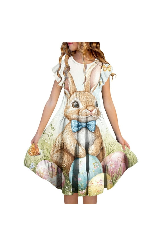 Girls Flutter Sleeve Dress Crew Neck Easter Egg Print Tiered Ruffle Hem Casual Summer Dresses for Teens Multicolor Size 12-13 Years