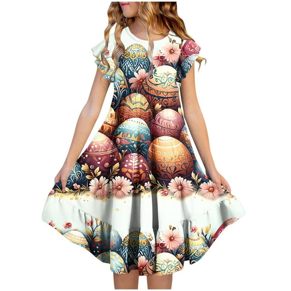 SGFCWSX Girls Flutter Sleeve Dress Crew Neck Tiered Ruffle Hem Easter Bunny Egg Print Casual Summer Dresses for Teens Multicolor Size 12-13 Years