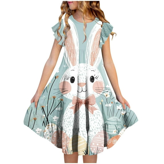 SGFCWSX Girls Flutter Sleeve Dress Crew Neck Tiered Ruffle Hem Easter Bunny Egg Print Casual Summer Dresses for Teens Multicolor Size 12-13 Years