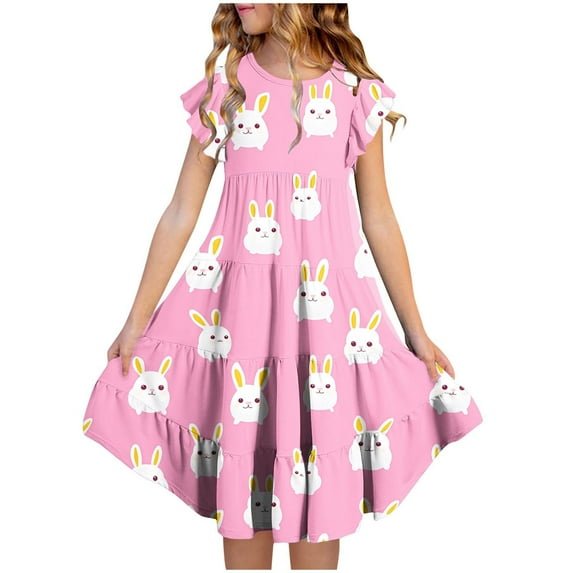 SGFCWSX Girls Flutter Sleeve Dress Crew Neck Tiered Ruffle Hem Easter Bunny Egg Print Summer Dresses for Kids Multicolor Size 6-7 Years