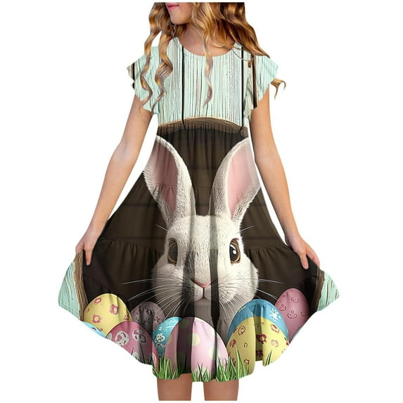 SGFCWSX Girls Flutter Sleeve Dress Easter Bunny Egg Print Crew Neck Tiered Ruffle Hem Summer Dresses for Kids Multicolor Size 6-7 Years