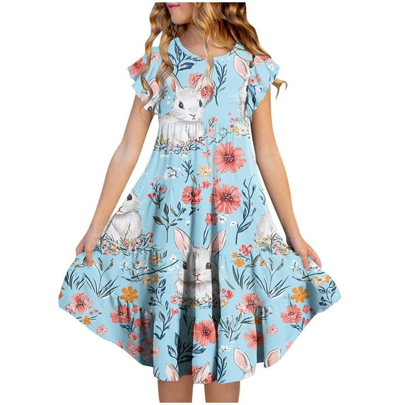 SGFCWSX Girls Flutter Sleeve Dress Easter Bunny Print Crew Neck Tiered Ruffle Hem Casual Summer Dresses for Kids Multicolor Size 4-5 Years