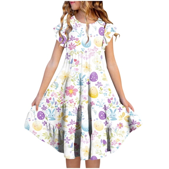 SGFCWSX Girls Flutter Sleeve Dress Easter Egg Print Crew Neck Tiered Ruffle Hem Casual Summer Dresses for Teens Multicolor Size 12-13 Years